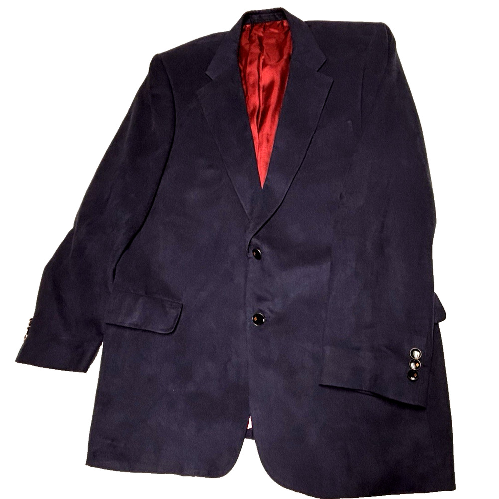 Vtg Harry Lebow Sport Coat Polyester Blazer Mens 46 Dark Blue Faux Suede Feel